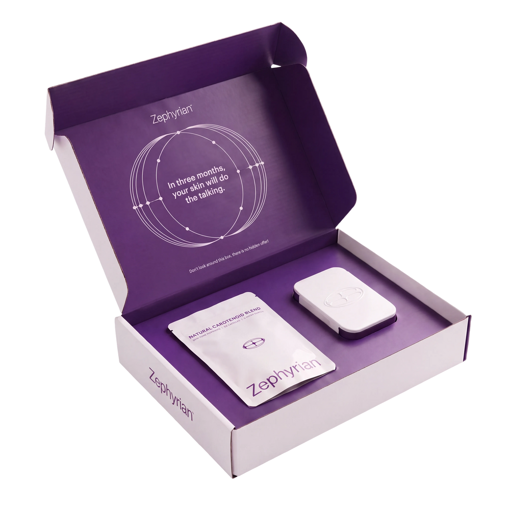 Zephyrian Welcome Kit box with the Natural Carotenoid Blend pouch and travel tin
